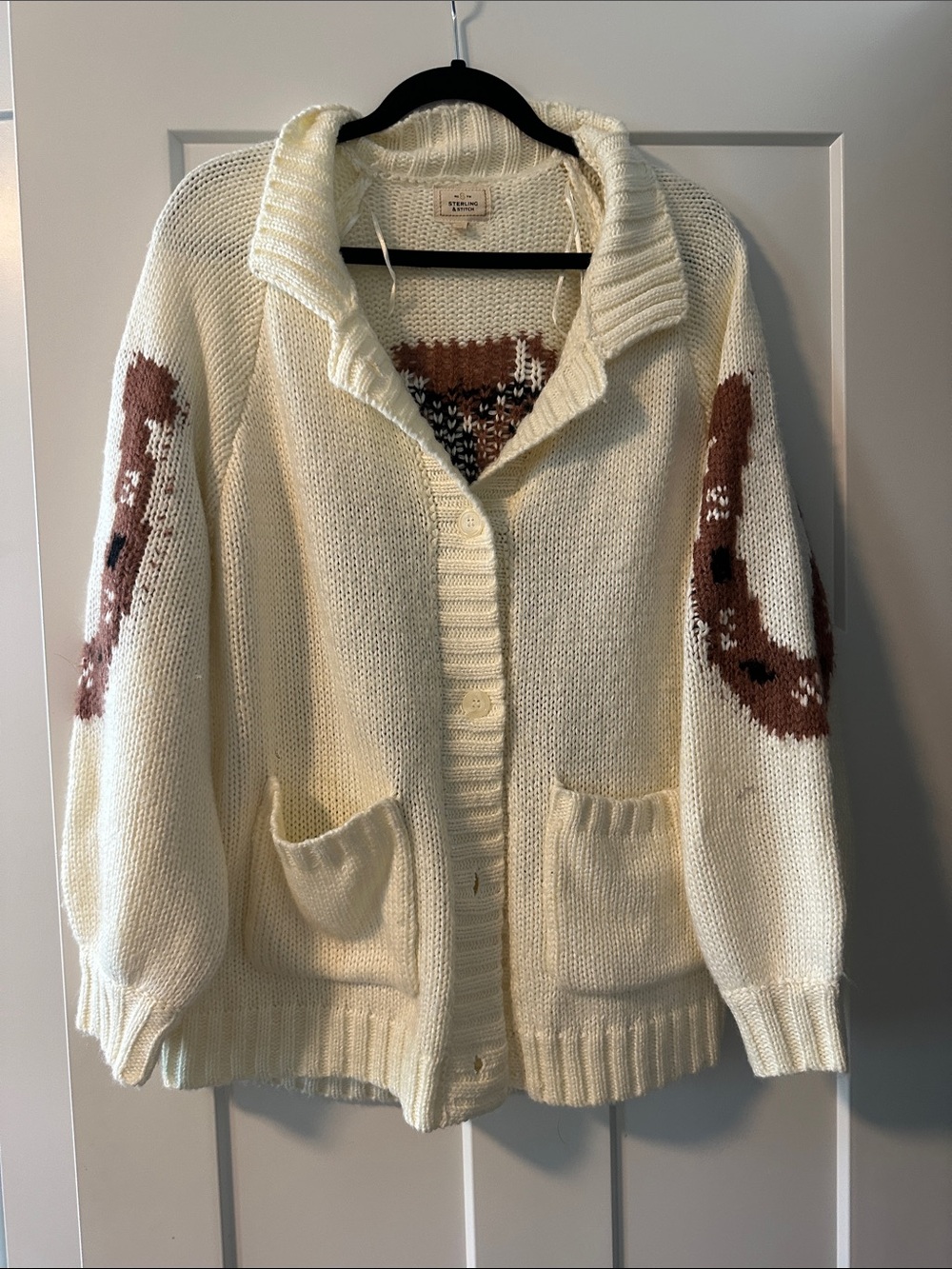 Cozy Cream Knit Cardigan with Brown Accent Sleeve Detail